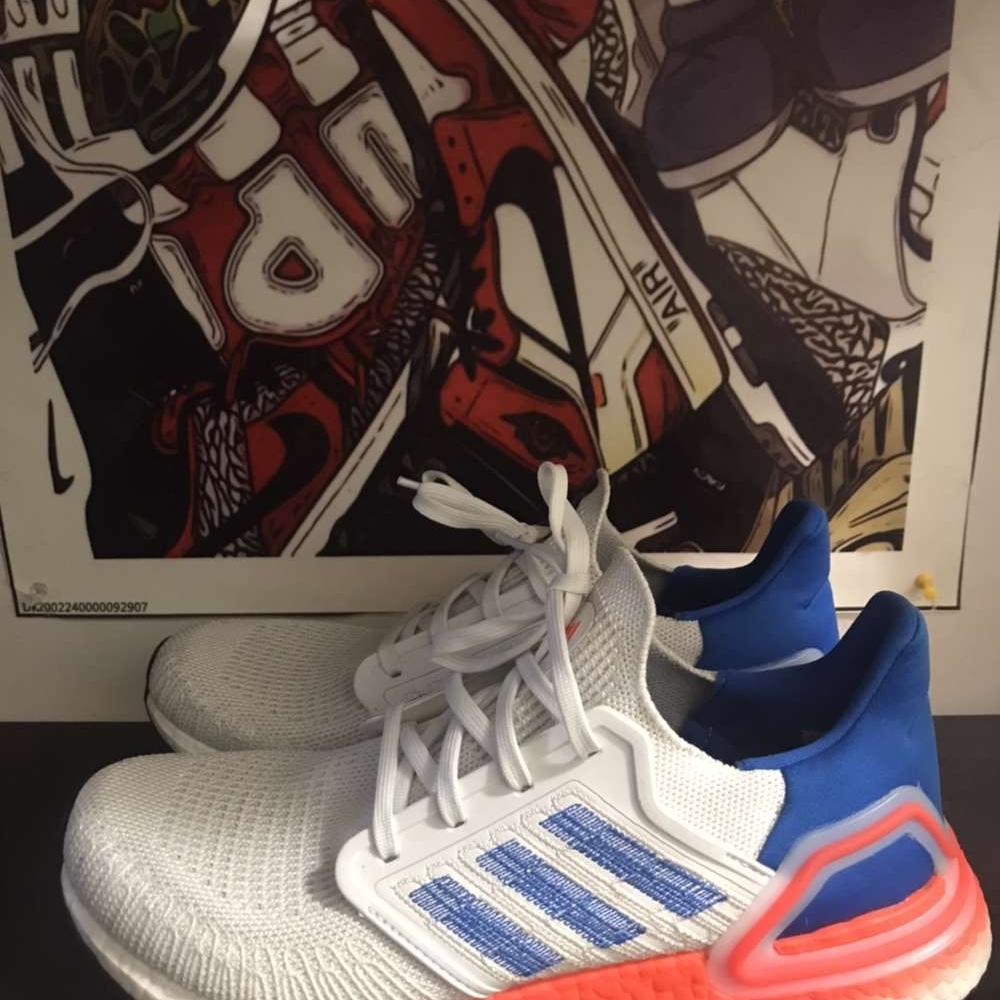 Adidas Ultraboost 20 White and Blue Sneakers with Red Accents